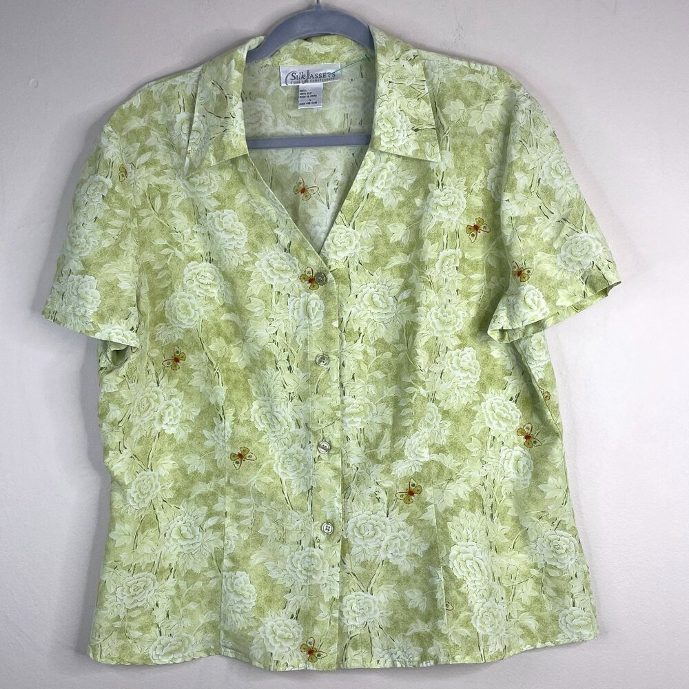 Diane Von Furstenberg Silk Top‎ Large Butterfly Garden Floral Cottage Button Up